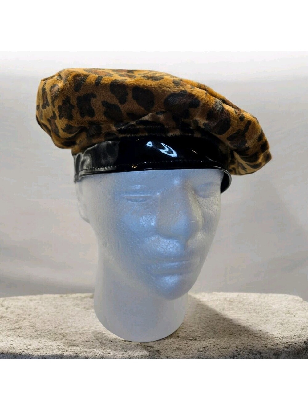 Vintage Atenti Faux Fur Leopard Print Beret Hat Black Patent Leather Trim USA